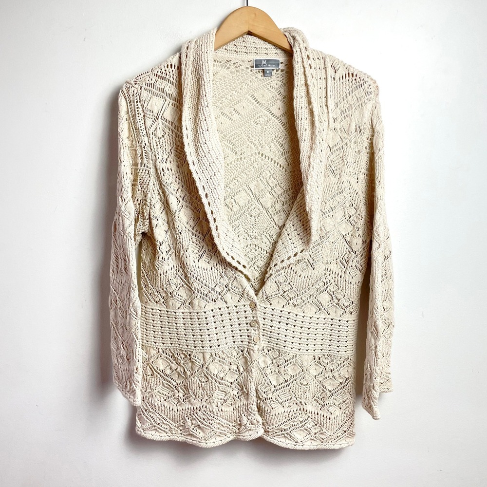 Sheer Crochet Cardigan Sweater Sz XL‎ Cream Pointelle Cottagecore Summer Layers